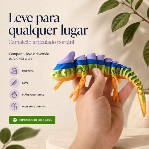 Camaleão Flexível Articulado 3D — Brinquedo Sensorial Colorido para Brincar, Decorar e Colecionar