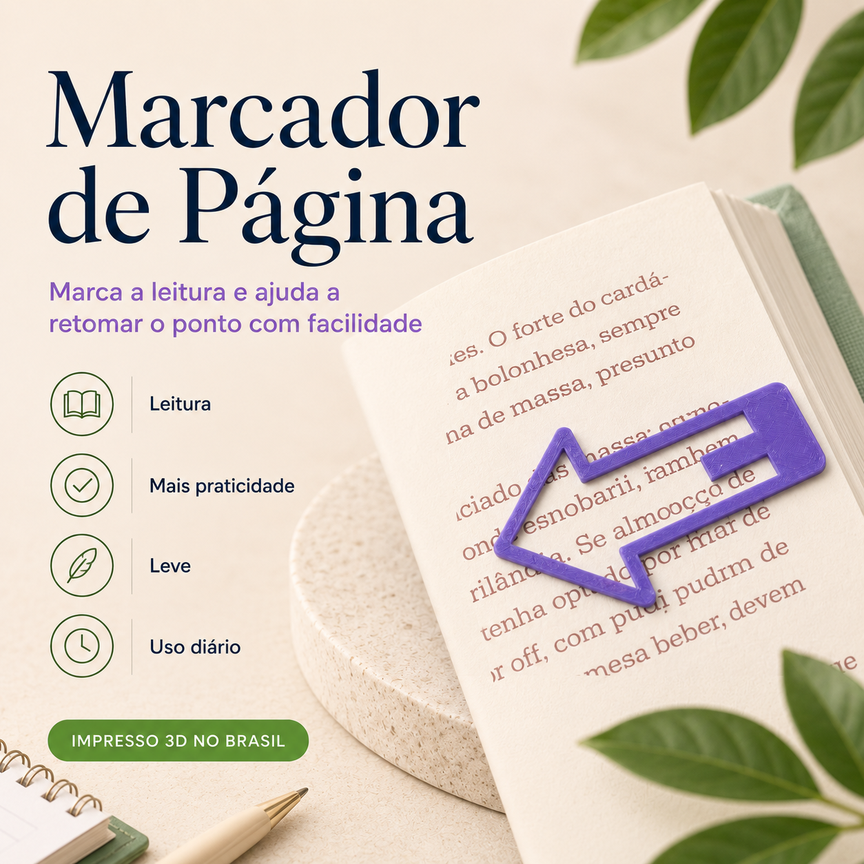 Marcador de Página 3D — Marcador Criativo para Leitura, Estudos e Organização