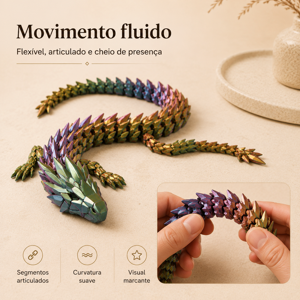 Dragão Articulado de Espinha de Cristal 3D — Colecionável Flexível Premium