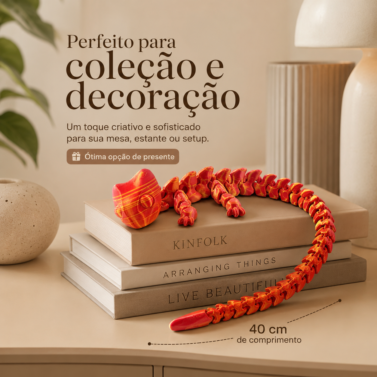 Camaleão de Cauda Imperial Calma 3D — Colecionável Articulado Flexível de 40 cm
