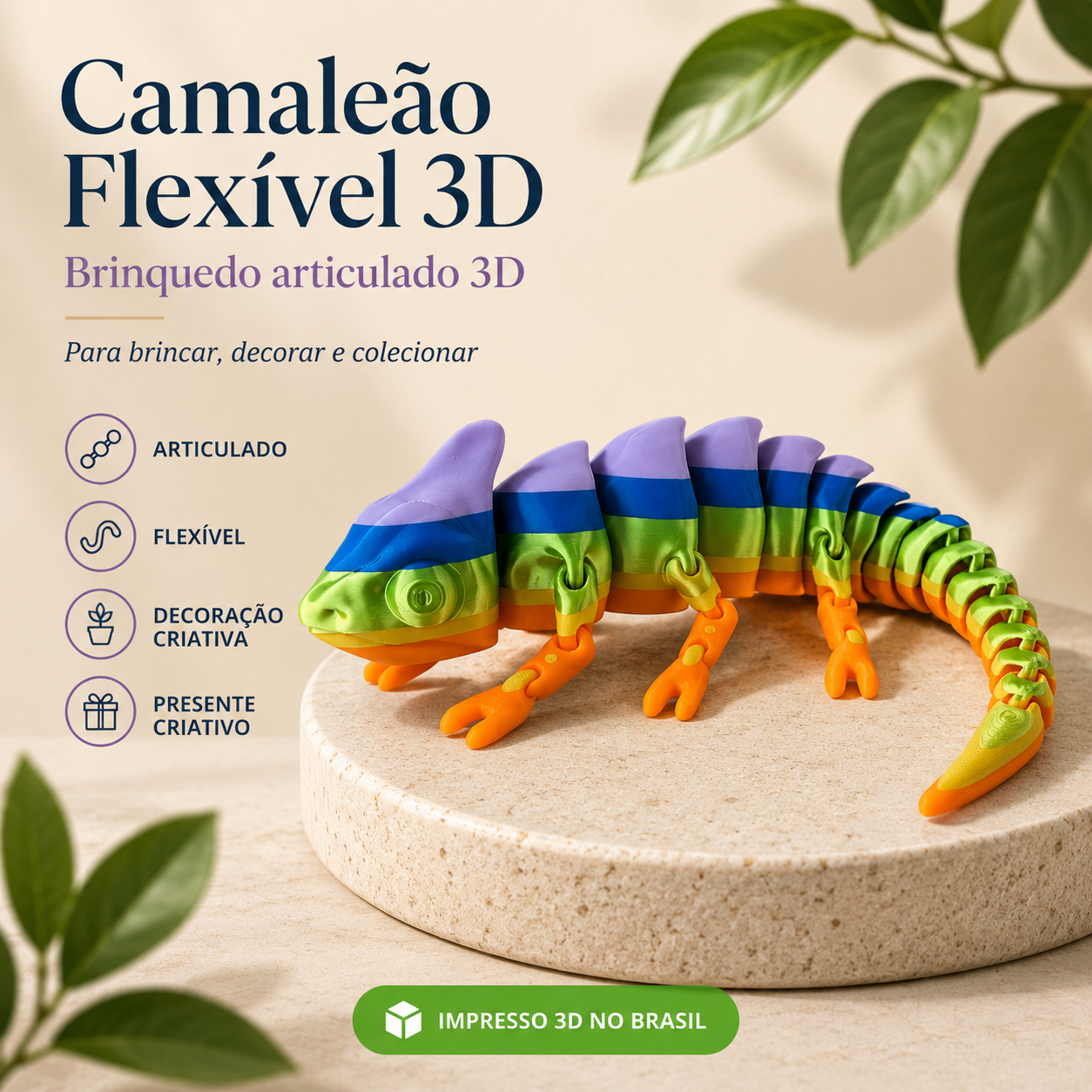 Camaleão Flexível Articulado 3D — Brinquedo Sensorial Colorido para Brincar, Decorar e Colecionar