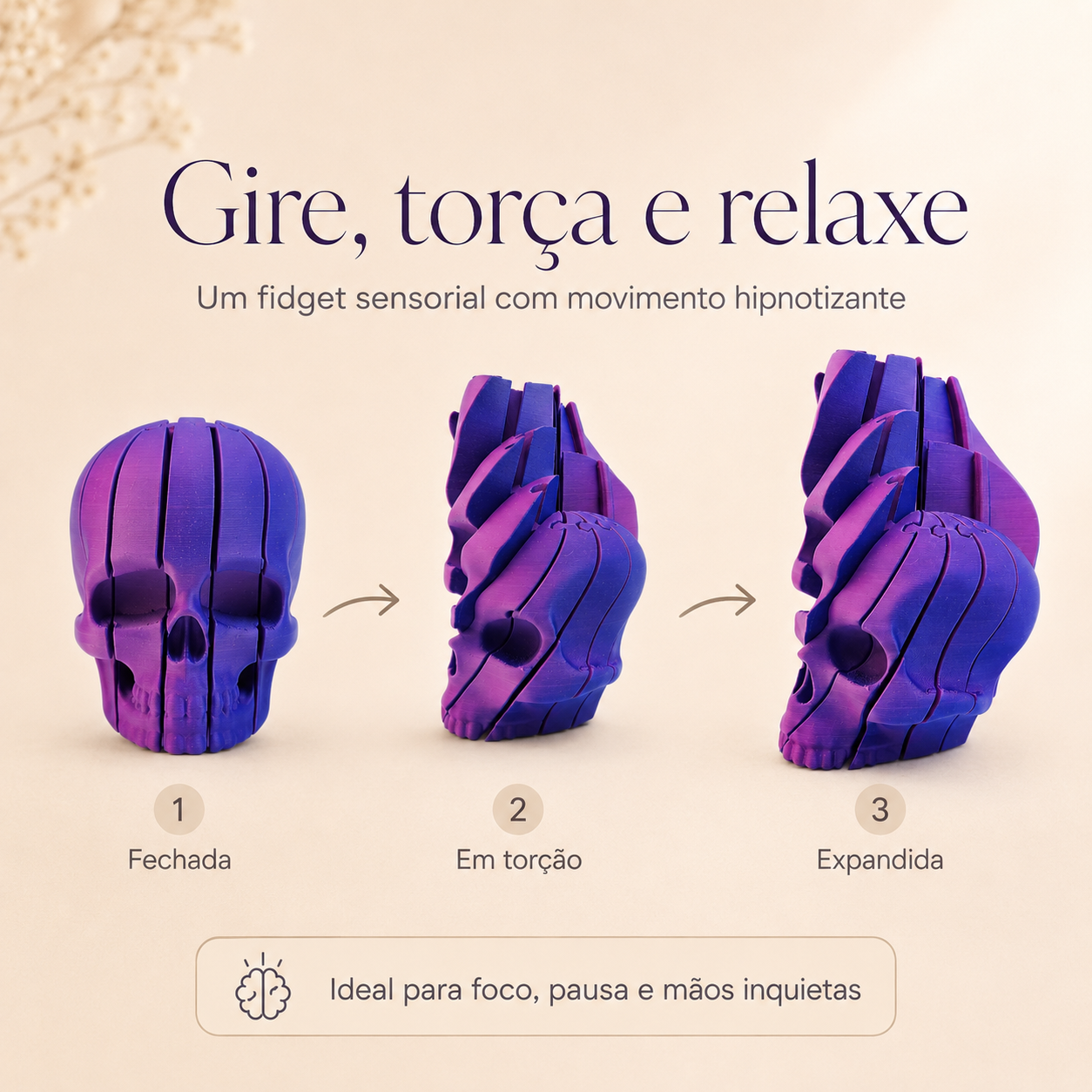 Caveira Espiral 3D — Fidget Sensorial de Torção para Relaxar e Decorar