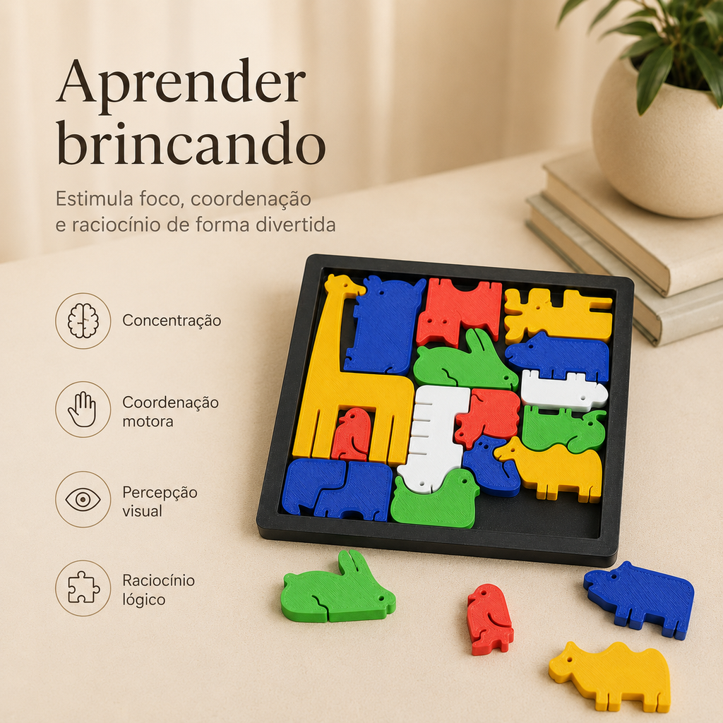Quebra-Cabeça de Animais 3D — Brinquedo Educativo Colorido para Aprender Brincando
