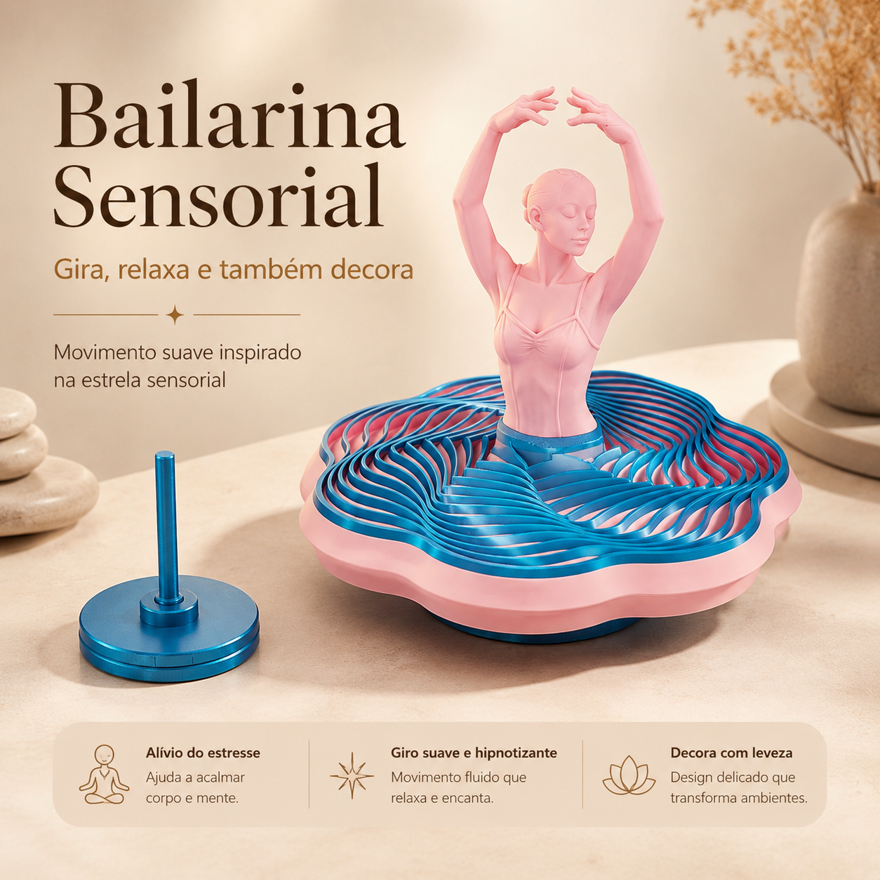 Bailarina Sensorial 3D com Base Giratória — Fidget para Relaxar, Girar e Decorar