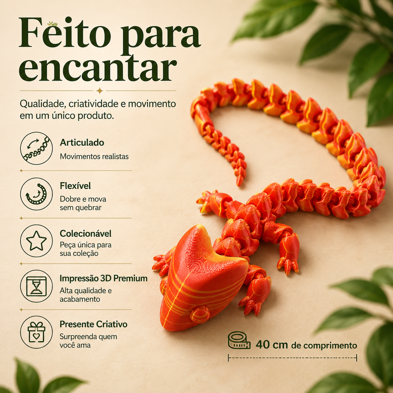 Camaleão de Cauda Imperial Calma 3D — Colecionável Articulado Flexível de 40 cm