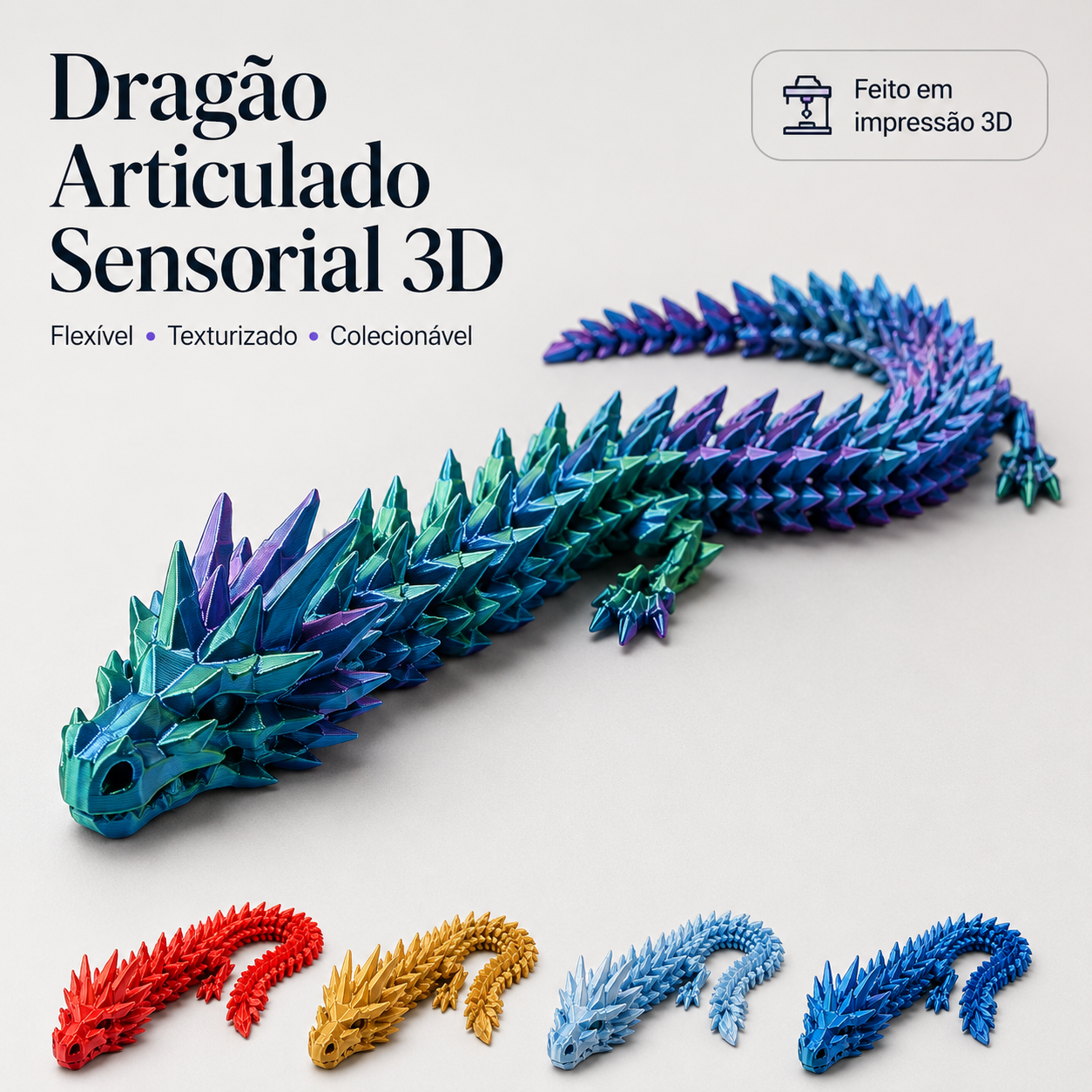 Dragão Sensorial Articulado 40 cm - Calma 3D — Toque, Movimento e Diversão
