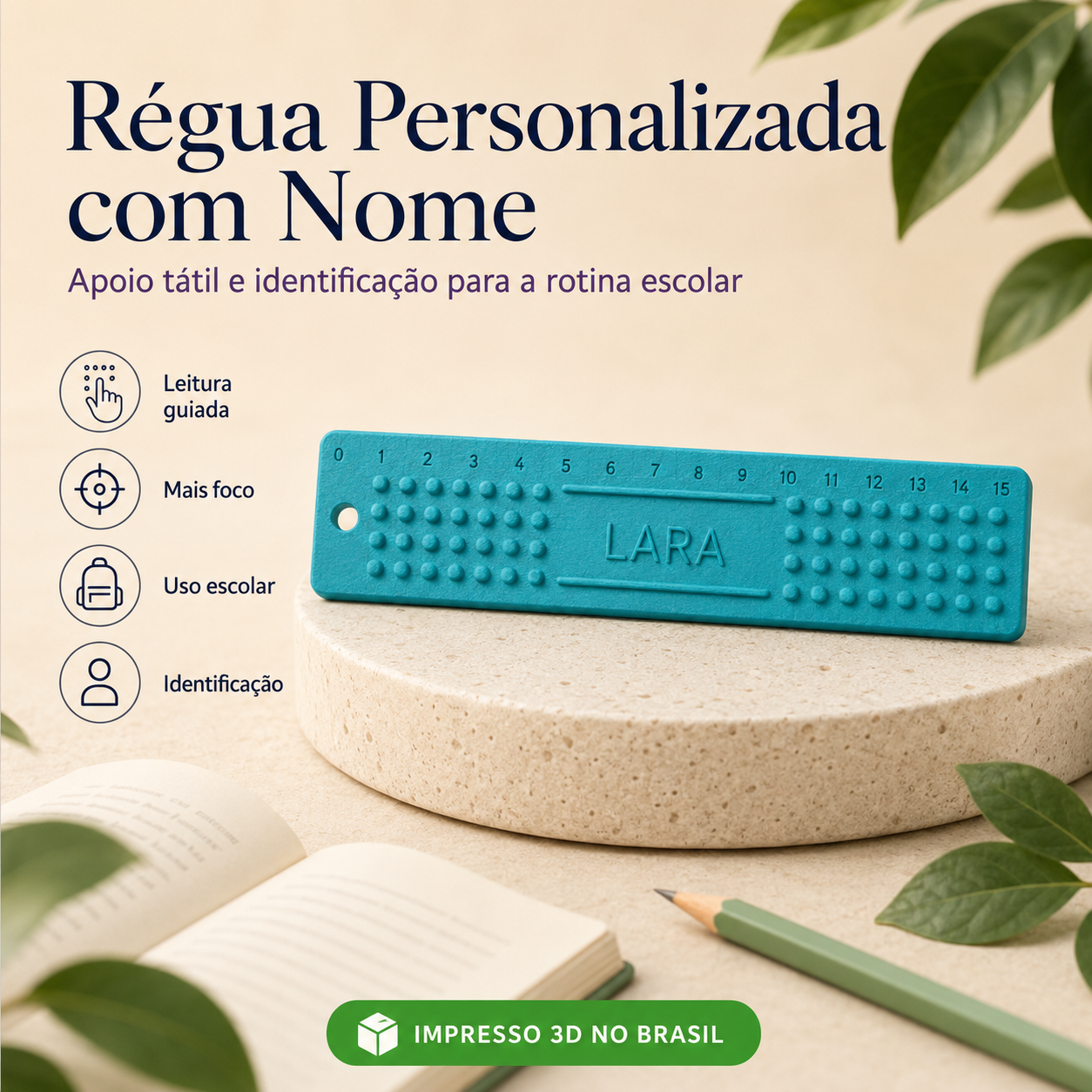 Régua Personalizada com Nome 3D — Apoio Tátil Escolar para Leitura, Foco e Identificação