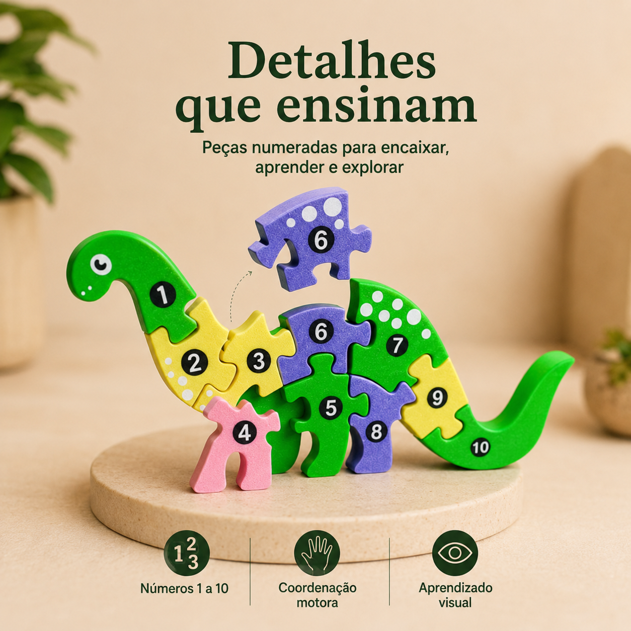 Quebra-Cabeça Brontossauro 3D — Brinquedo Educativo Infantil com Números e Encaixes