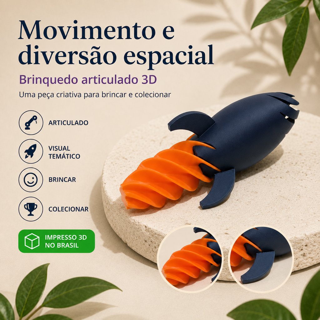Foguete Articulado 3D — Brinquedo Decorativo Espacial para Brincar, Mover e Colecionar