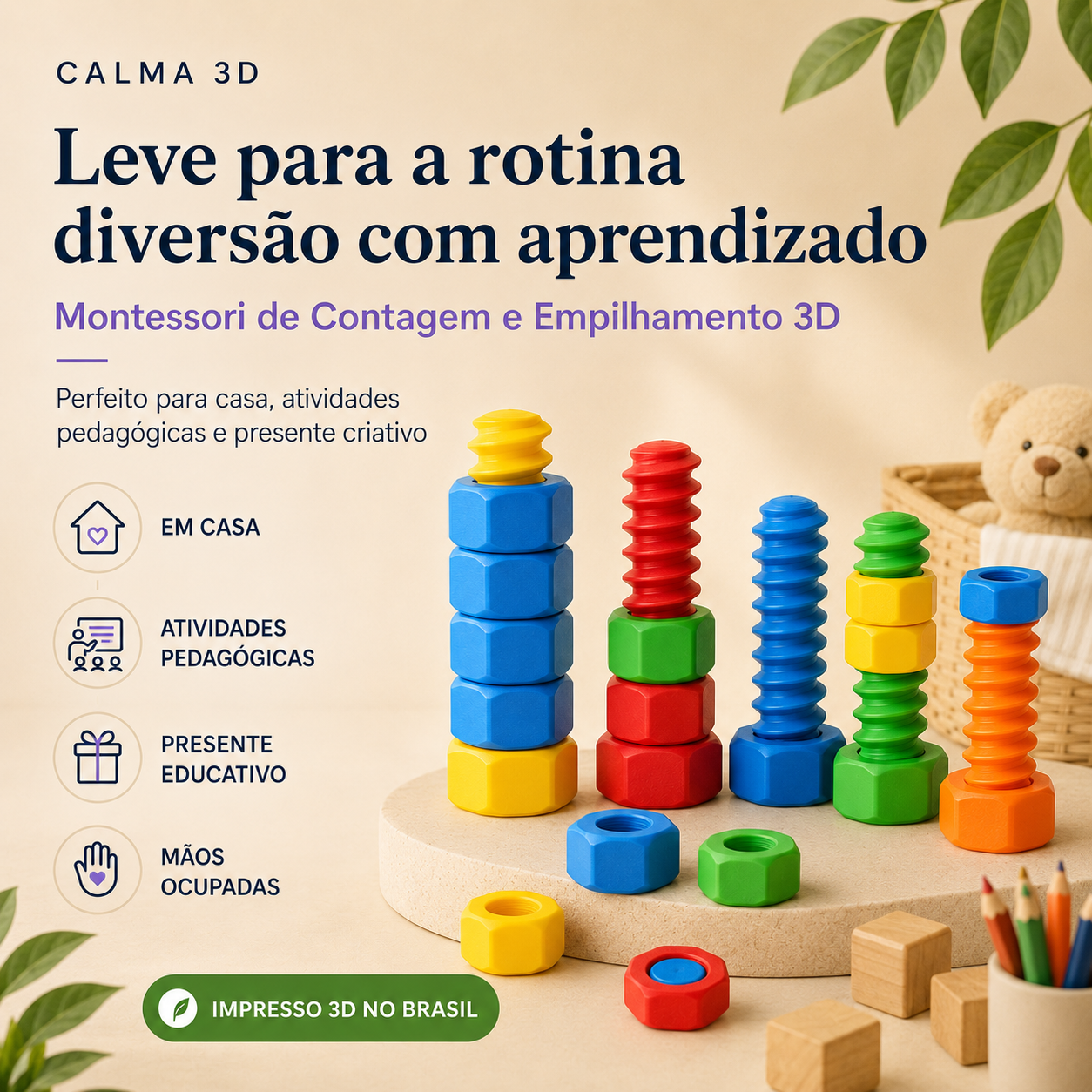 Brinquedo Montessori de Contagem e Empilhamento 3D — Educativo para Coordenação, Cores e Números
