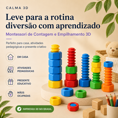 Brinquedo Montessori de Contagem e Empilhamento 3D — Educativo para Coordenação, Cores e Números