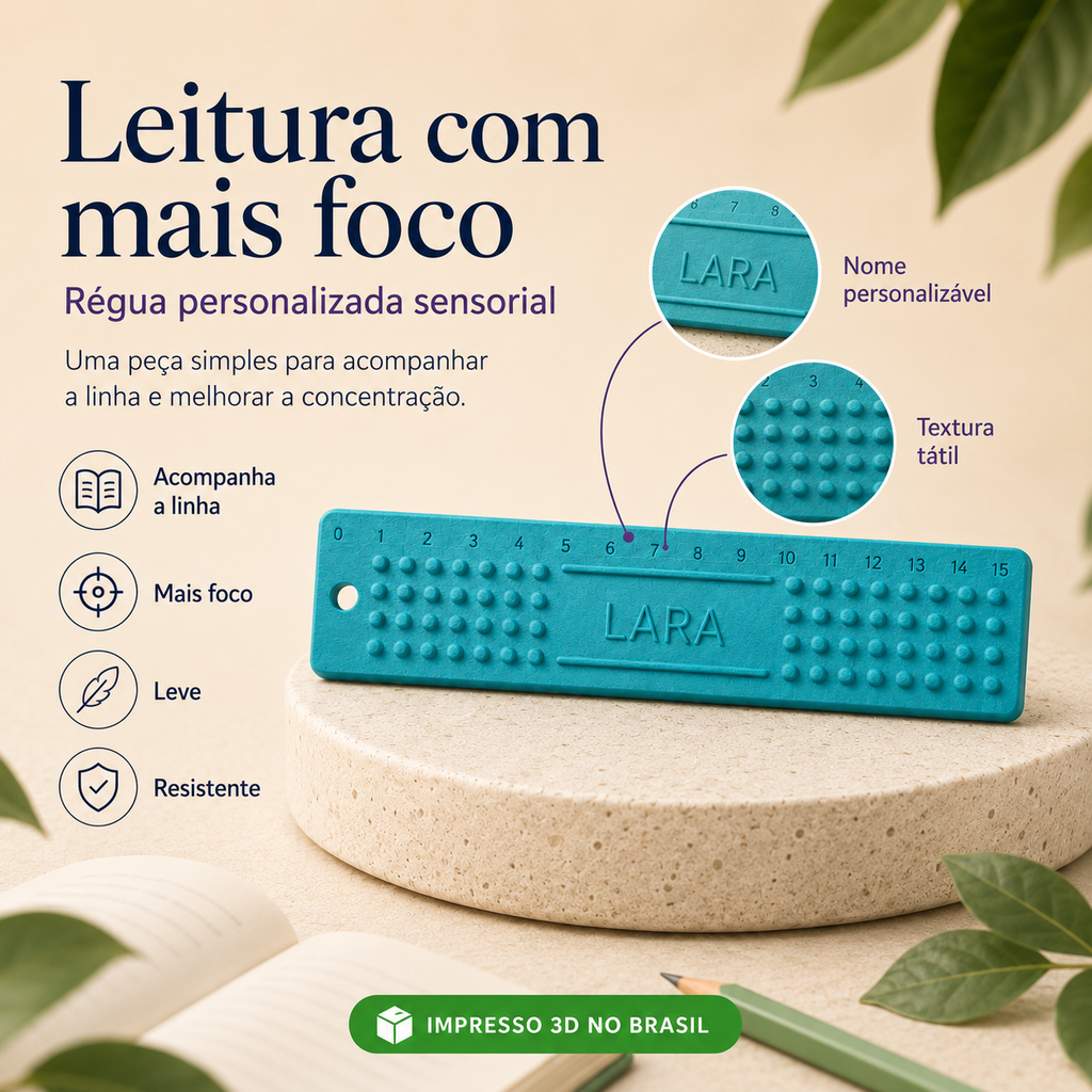 Régua Personalizada com Nome 3D — Apoio Tátil Escolar para Leitura, Foco e Identificação