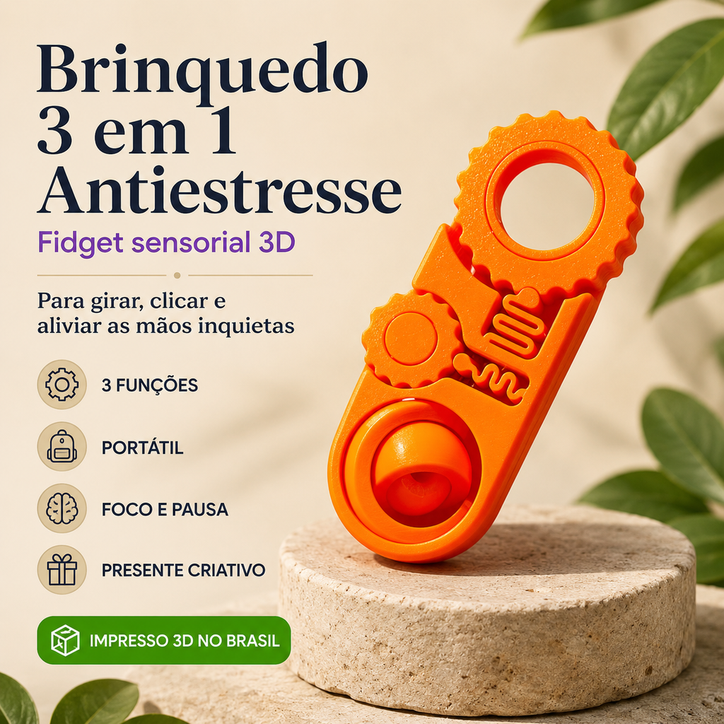 Brinquedo Sensorial 3 em 1 3D — Fidget Antiestresse Portátil para Girar, Clicar e Relaxar