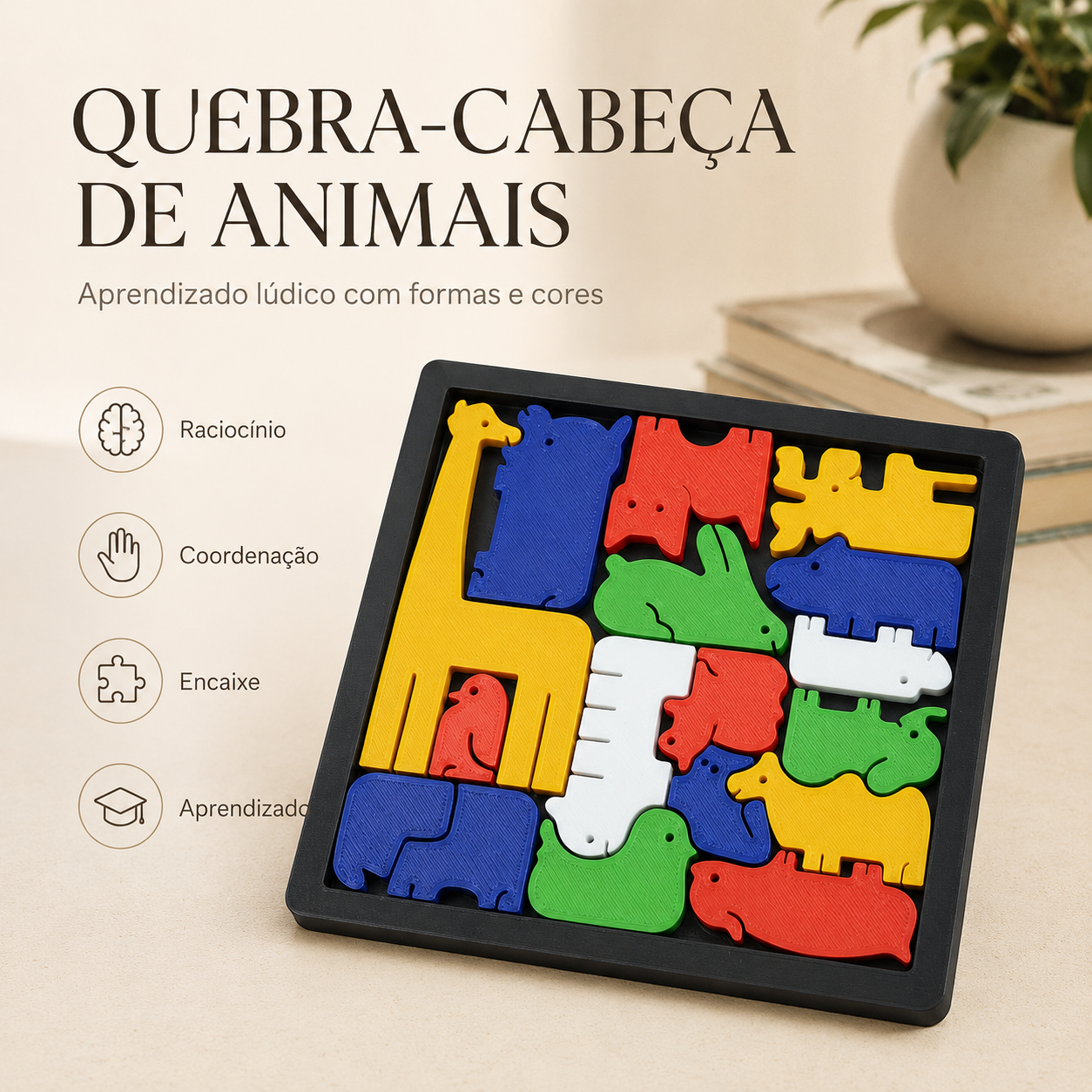 Quebra-Cabeça de Animais 3D — Brinquedo Educativo Colorido para Aprender Brincando