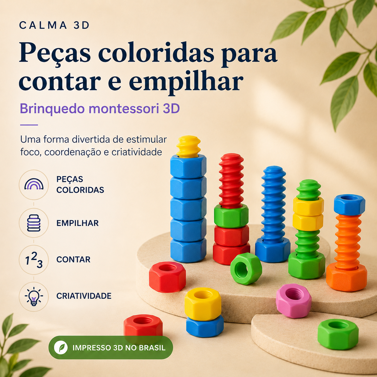 Brinquedo Montessori de Contagem e Empilhamento 3D — Educativo para Coordenação, Cores e Números