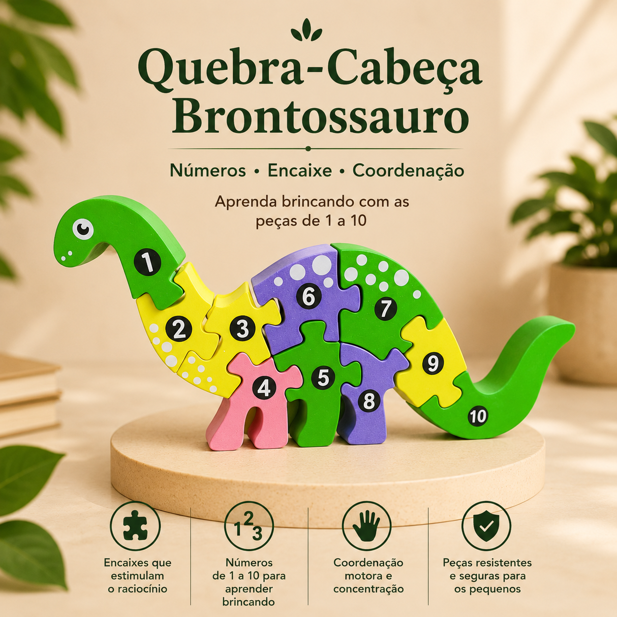 Quebra-Cabeça Brontossauro 3D — Brinquedo Educativo Infantil com Números e Encaixes