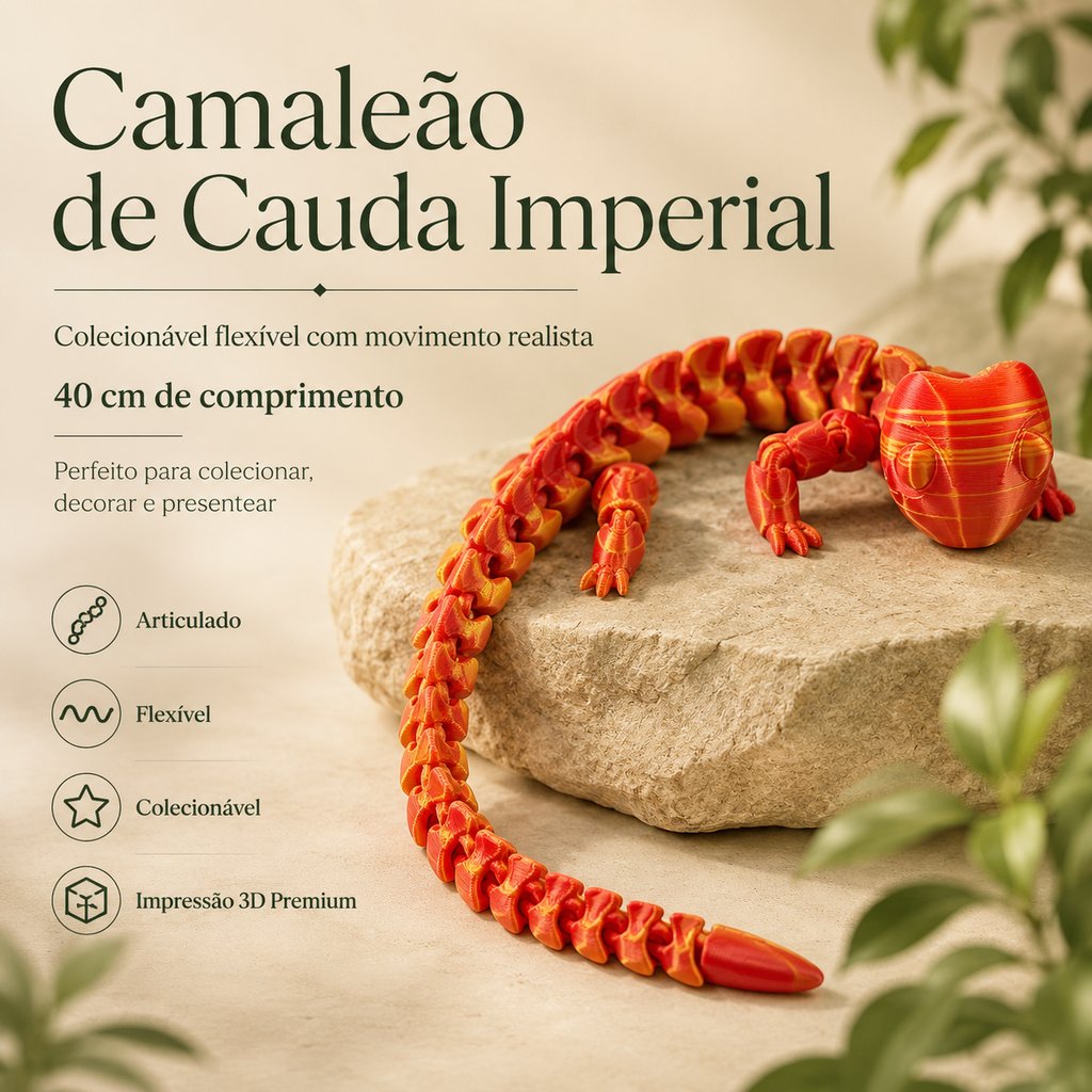 Camaleão de Cauda Imperial Calma 3D — Colecionável Articulado Flexível de 40 cm