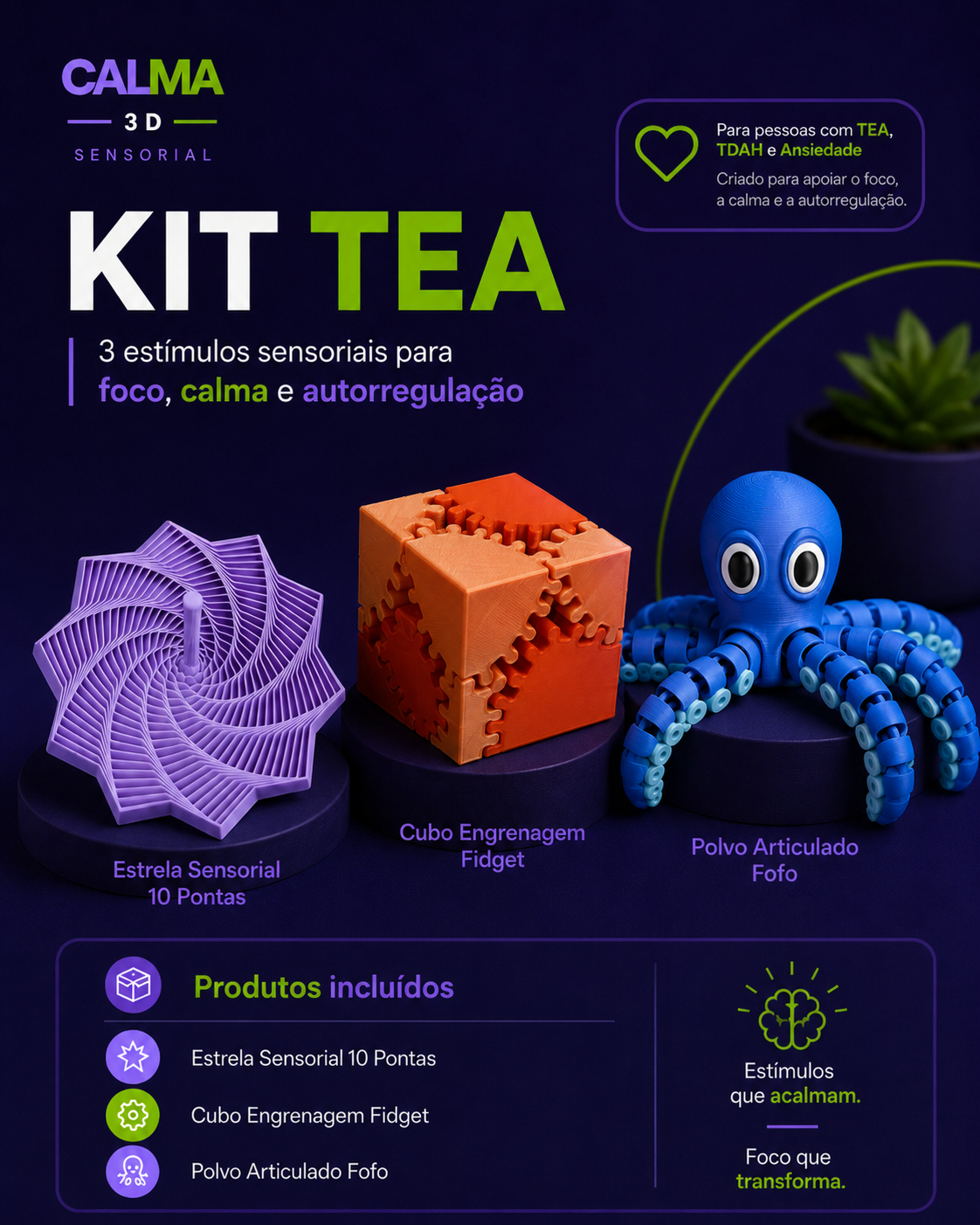 Kit TEA Calma 3D Sensorial com Estrela, Cubo Fidget e Polvo Articulado