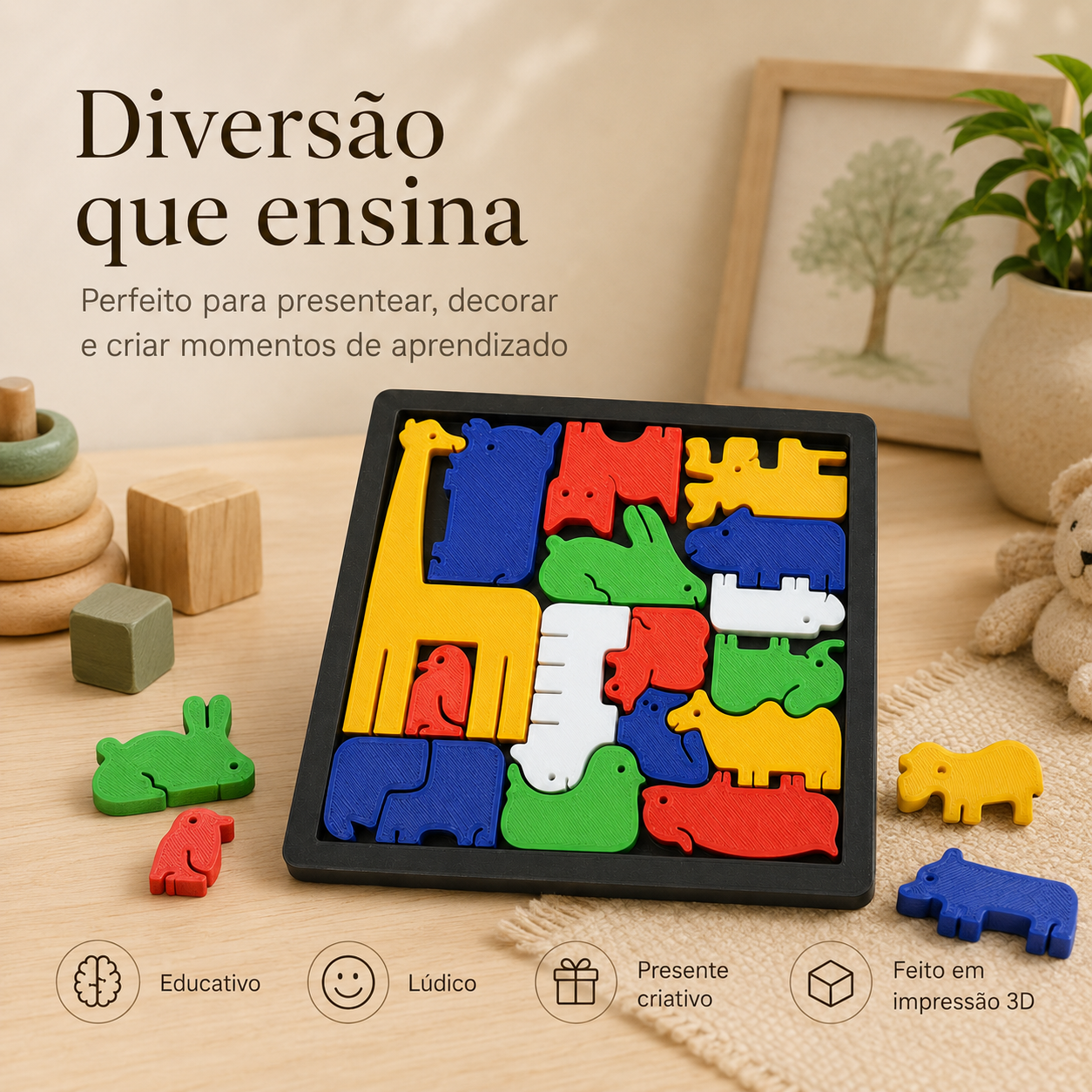 Quebra-Cabeça de Animais 3D — Brinquedo Educativo Colorido para Aprender Brincando