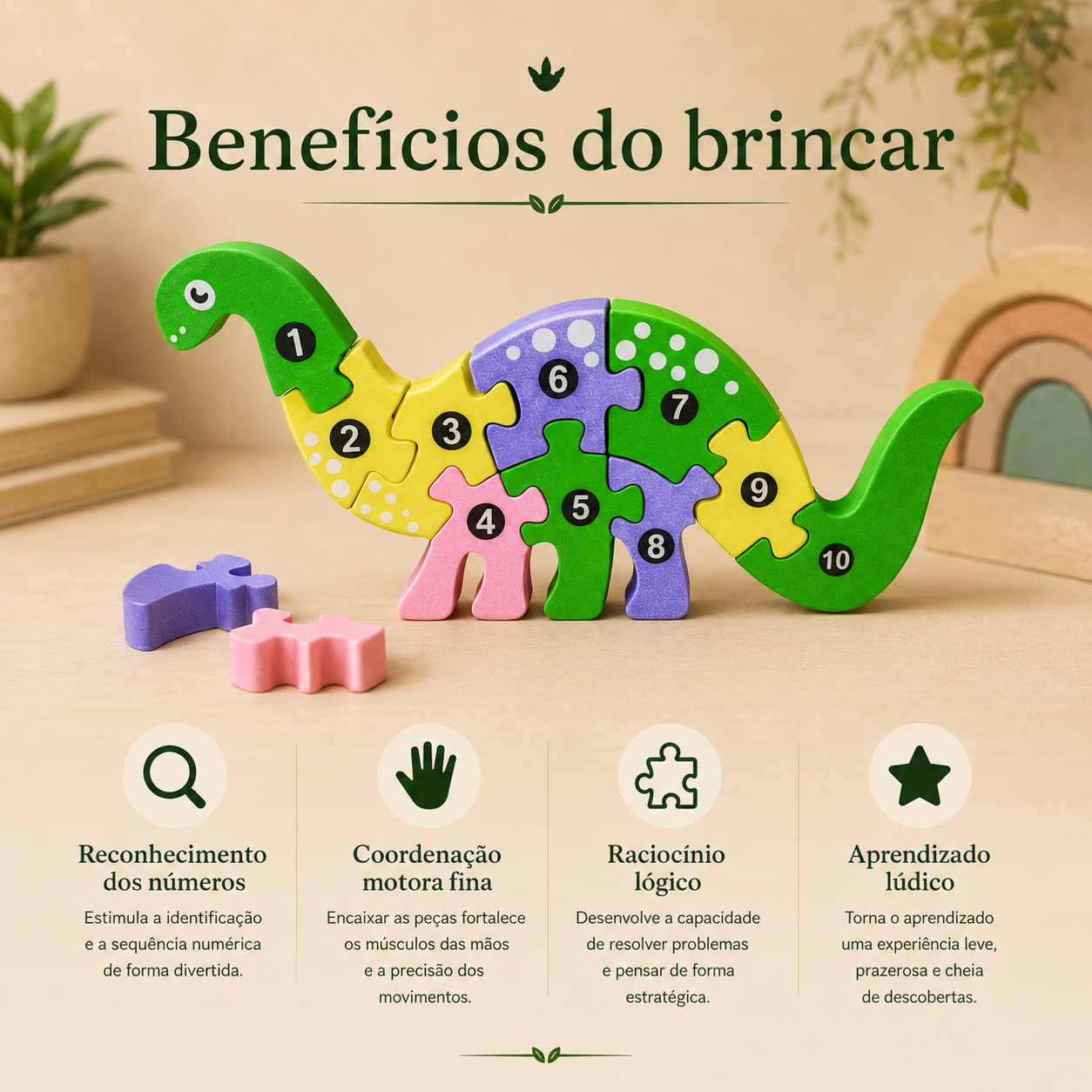 Quebra-Cabeça Brontossauro 3D — Brinquedo Educativo Infantil com Números e Encaixes