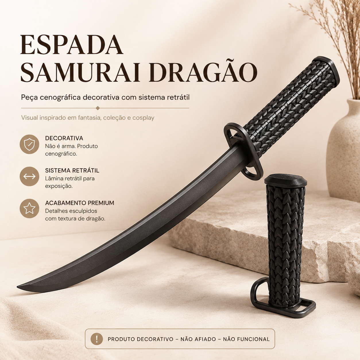 Espada Samurai Dragão — Peça Cenográfica Decorativa para Cosplay e Coleção