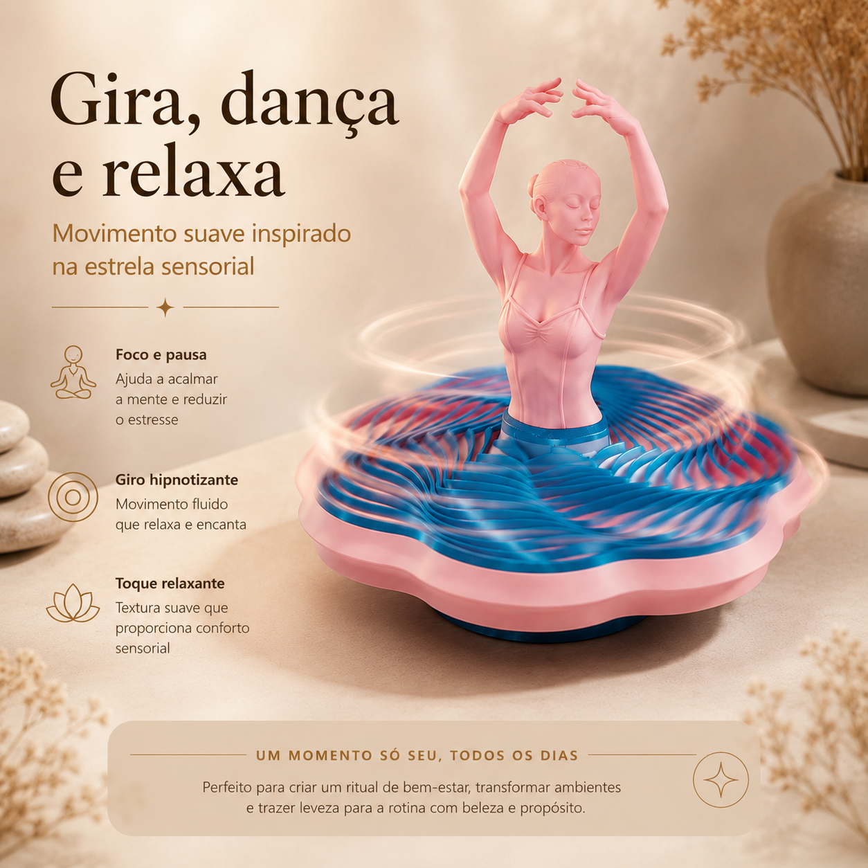 Bailarina Sensorial 3D com Base Giratória — Fidget para Relaxar, Girar e Decorar