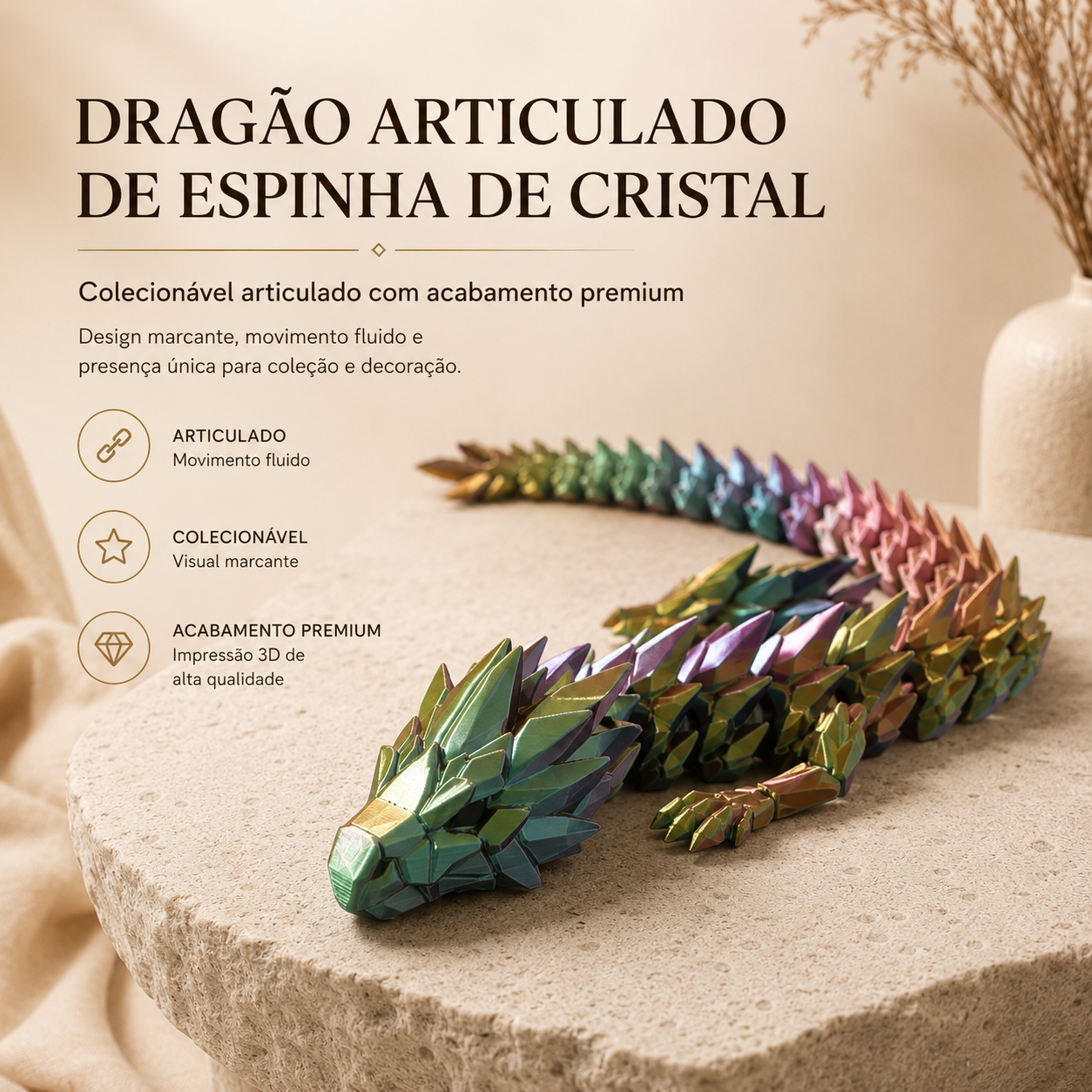 Dragão Articulado de Espinha de Cristal 3D — Colecionável Flexível Premium