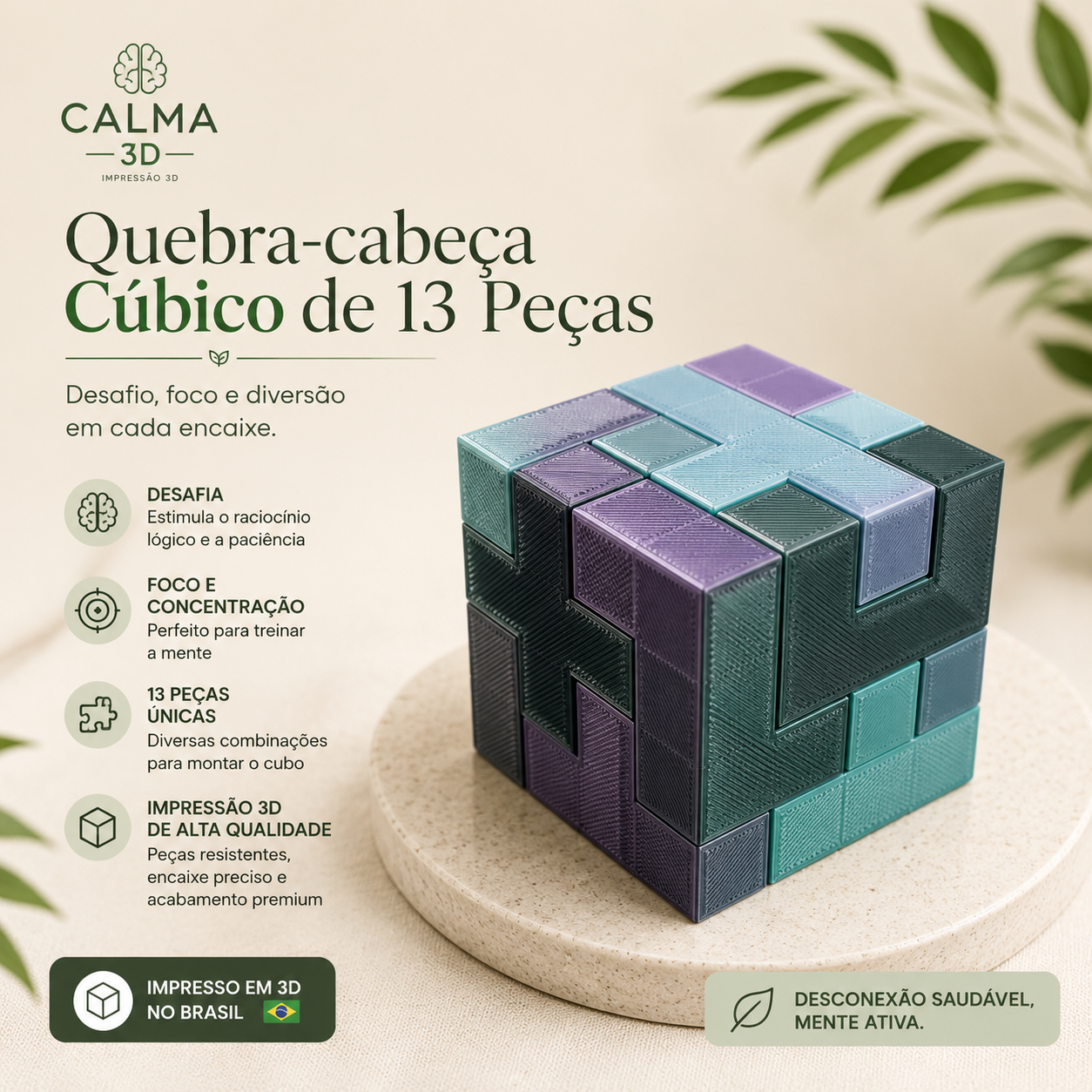 Quebra-Cabeça Cúbico Calma 3D — 13 Peças para Desafio, Foco e Diversão