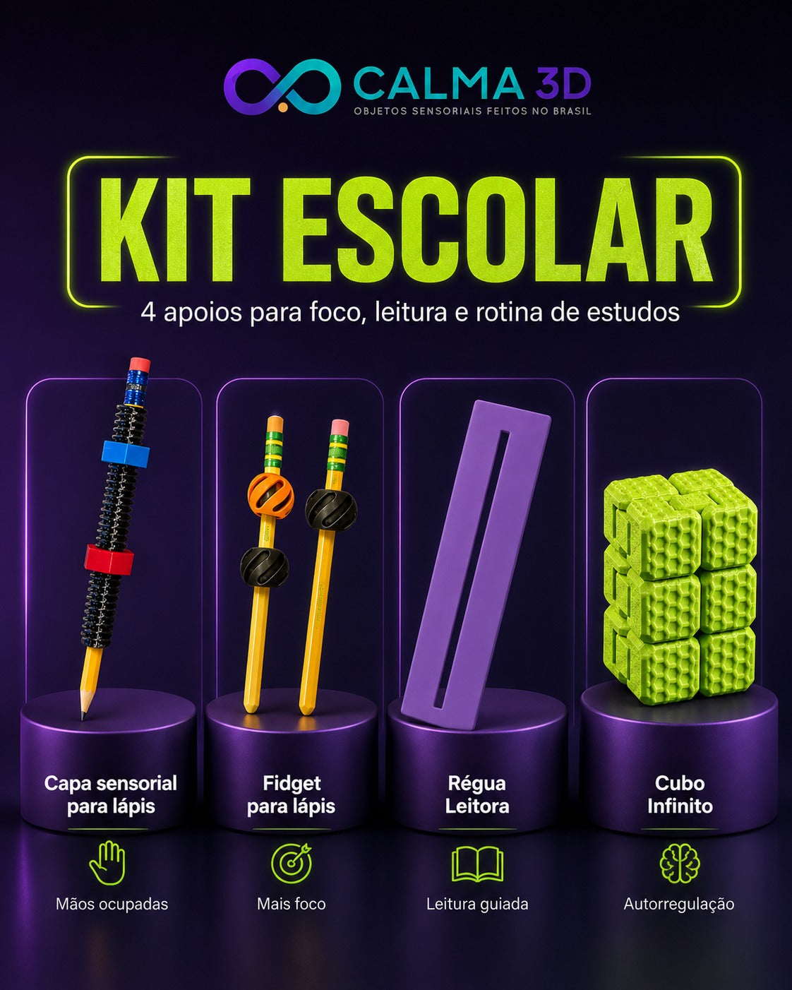 Kit Escolar Sensorial Calma 3D — Foco, Leitura e Mãos Ocupadas