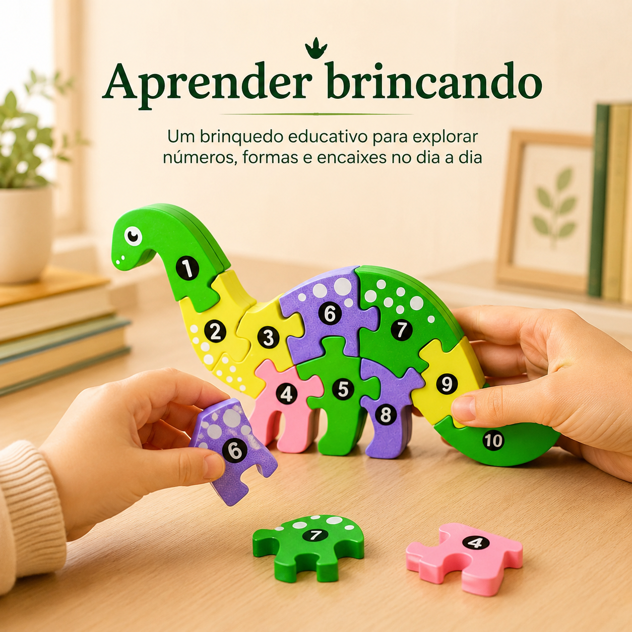 Quebra-Cabeça Brontossauro 3D — Brinquedo Educativo Infantil com Números e Encaixes