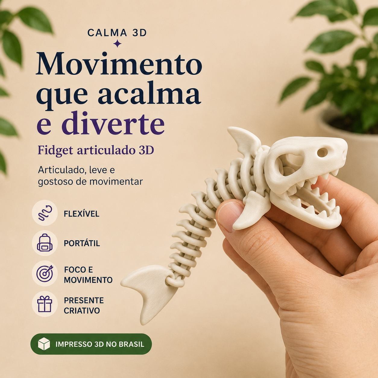 Tubarão Esqueleto Articulado 3D — Dinossauro do Mar Flexível para Brincar e Colecionar