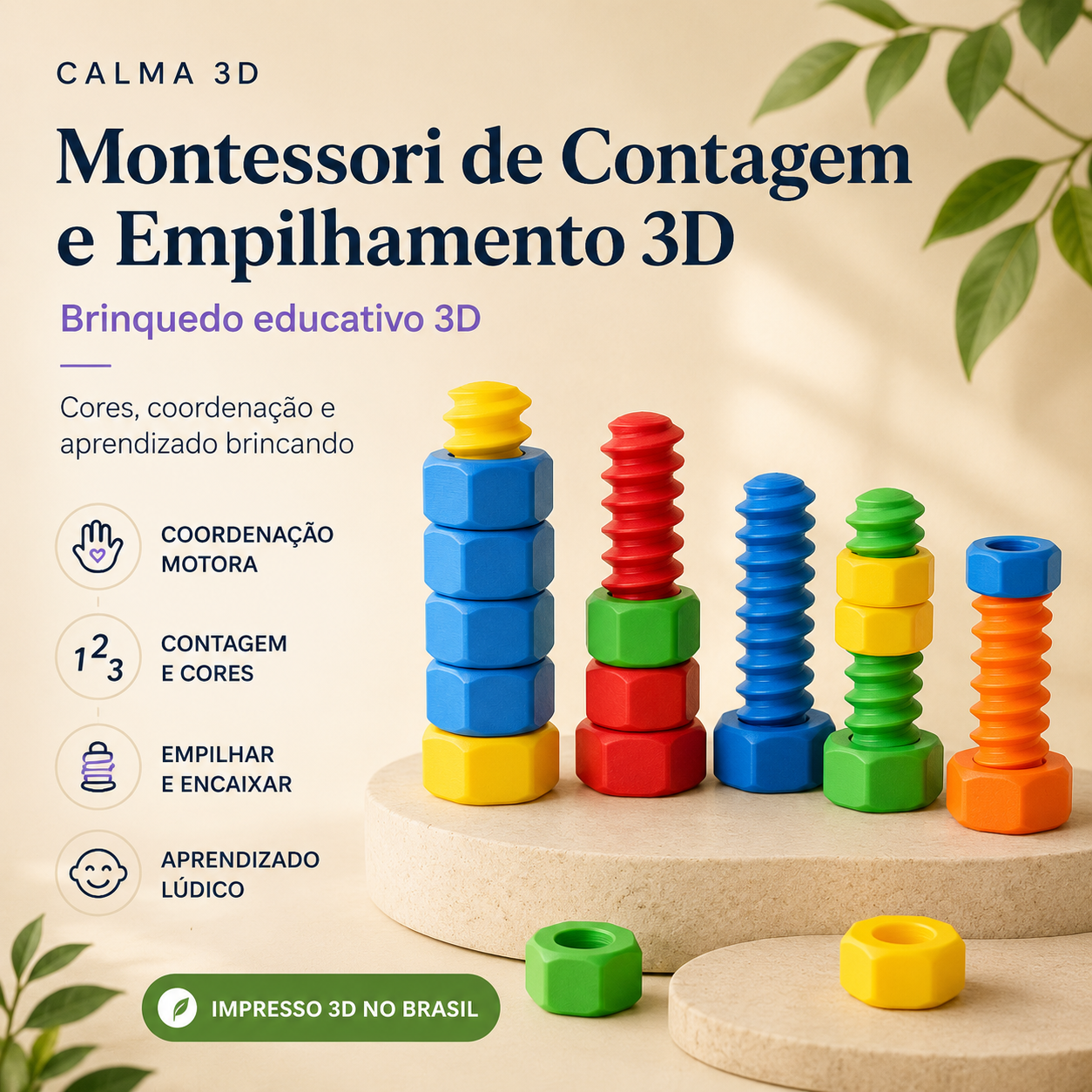 Brinquedo Montessori de Contagem e Empilhamento 3D — Educativo para Coordenação, Cores e Números