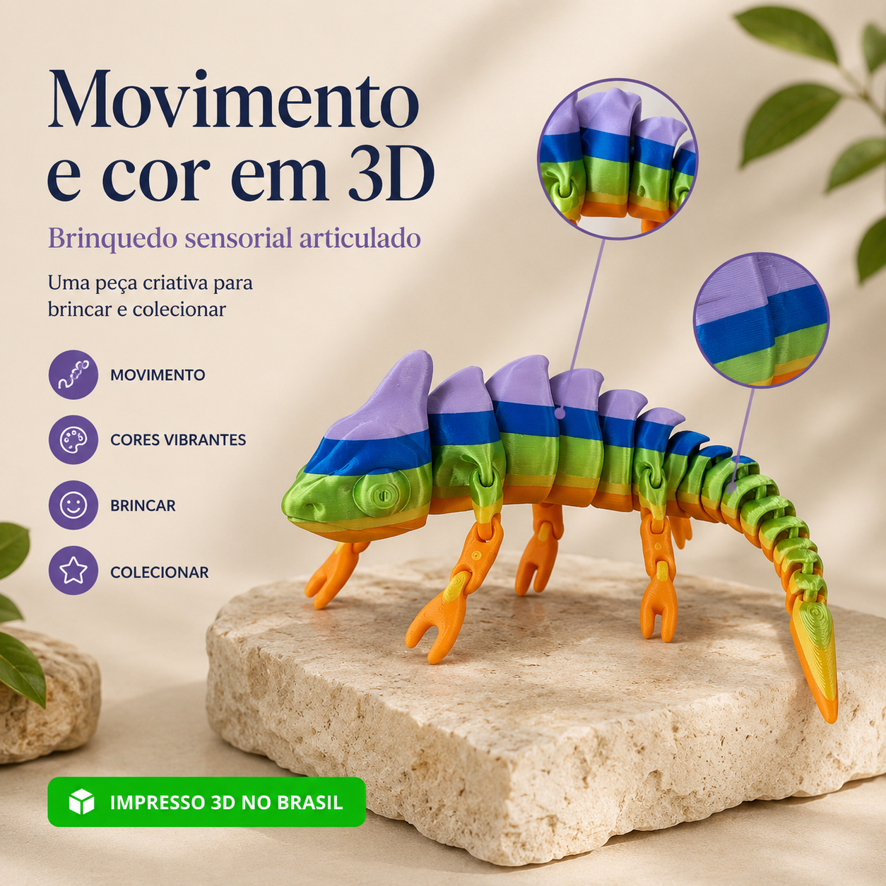 Camaleão Flexível Articulado 3D — Brinquedo Sensorial Colorido para Brincar, Decorar e Colecionar