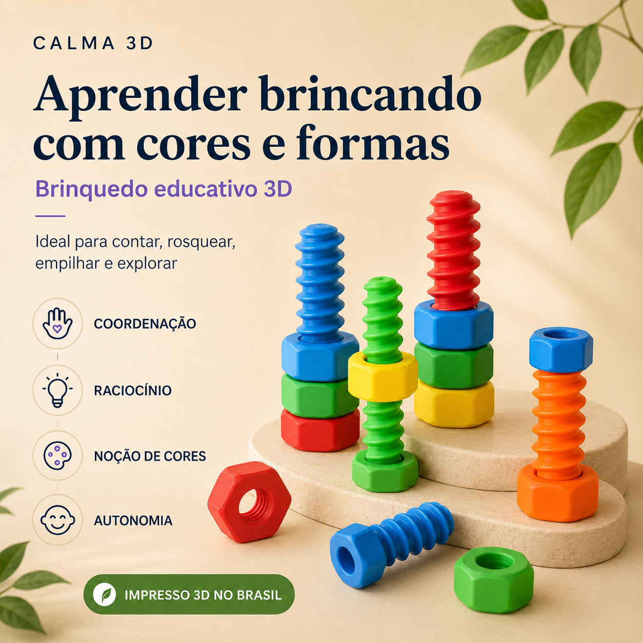 Brinquedo Montessori de Contagem e Empilhamento 3D — Educativo para Coordenação, Cores e Números