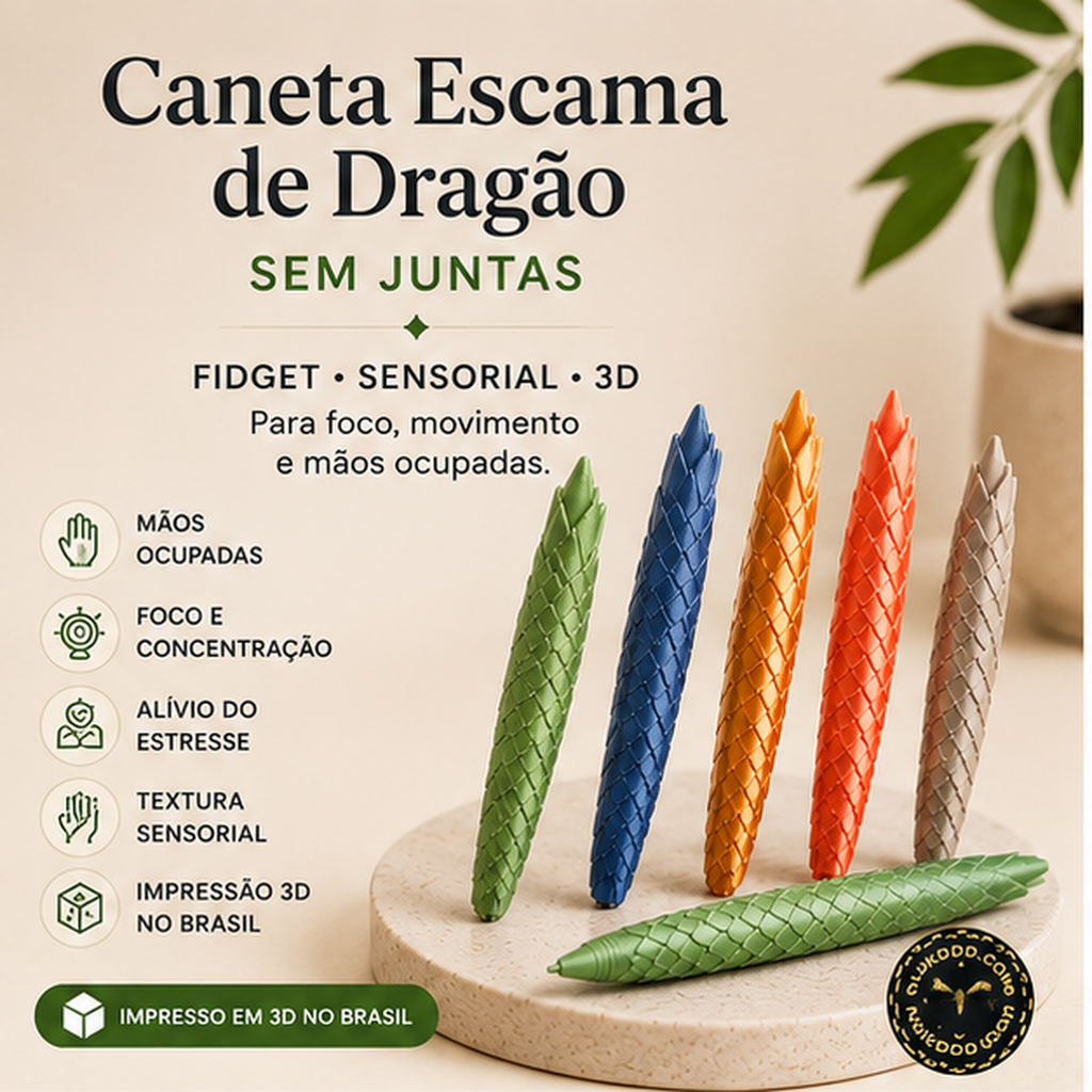 Caneta Escama de Dragão Calma 3D — Fidget Sensorial para Foco e Escrita