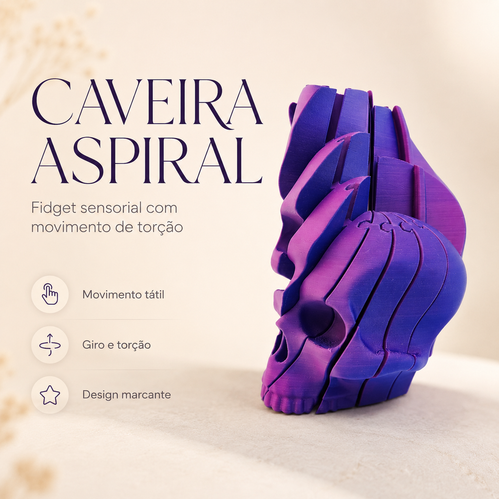 Caveira Espiral 3D — Fidget Sensorial de Torção para Relaxar e Decorar
