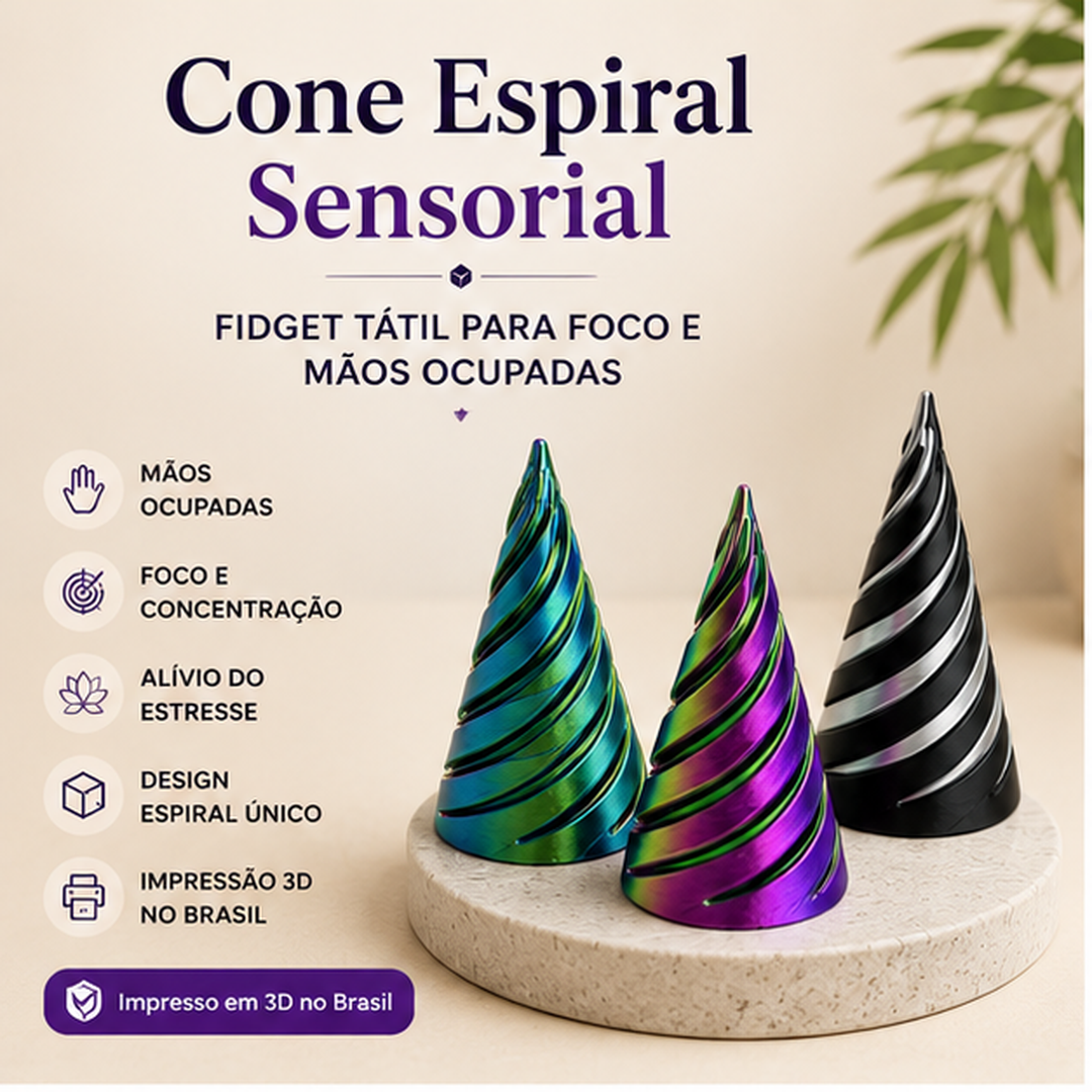 Cone Espiral Sensorial Calma 3D — Fidget Tátil para Foco e Mãos Ocupadas