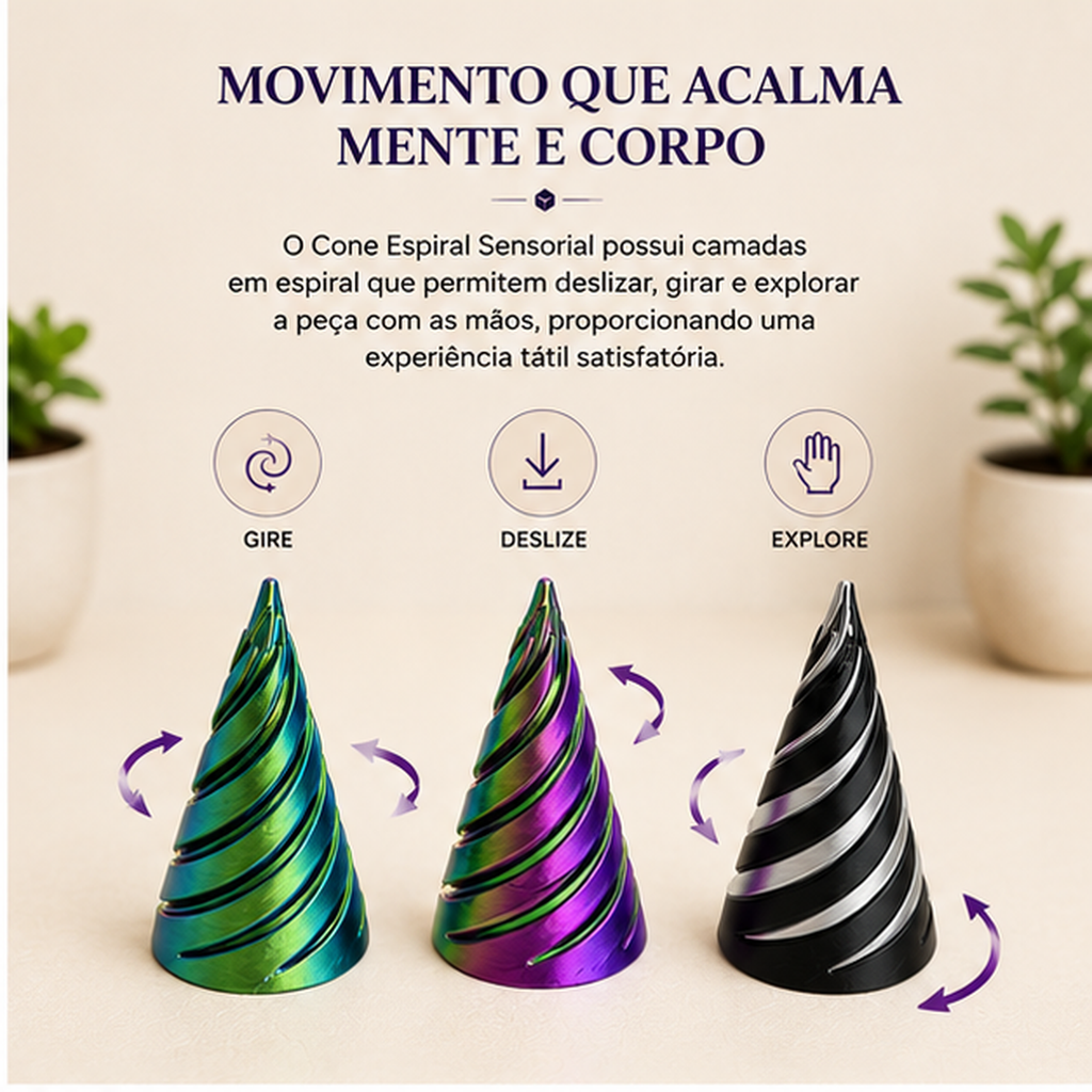 Cone Espiral Sensorial Calma 3D — Fidget Tátil para Foco e Mãos Ocupadas