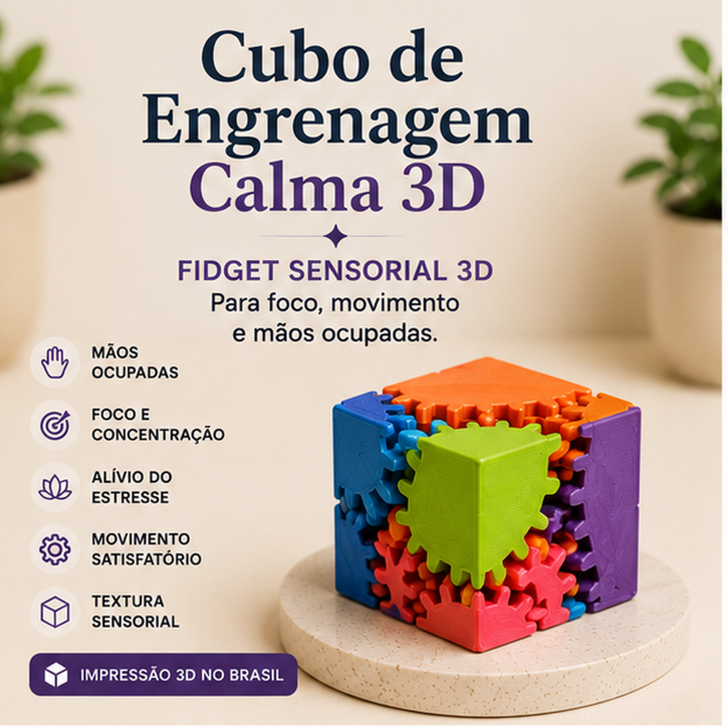 Cubo de Engrenagem Calma 3D — Fidget Sensorial 3D para Foco e Movimento