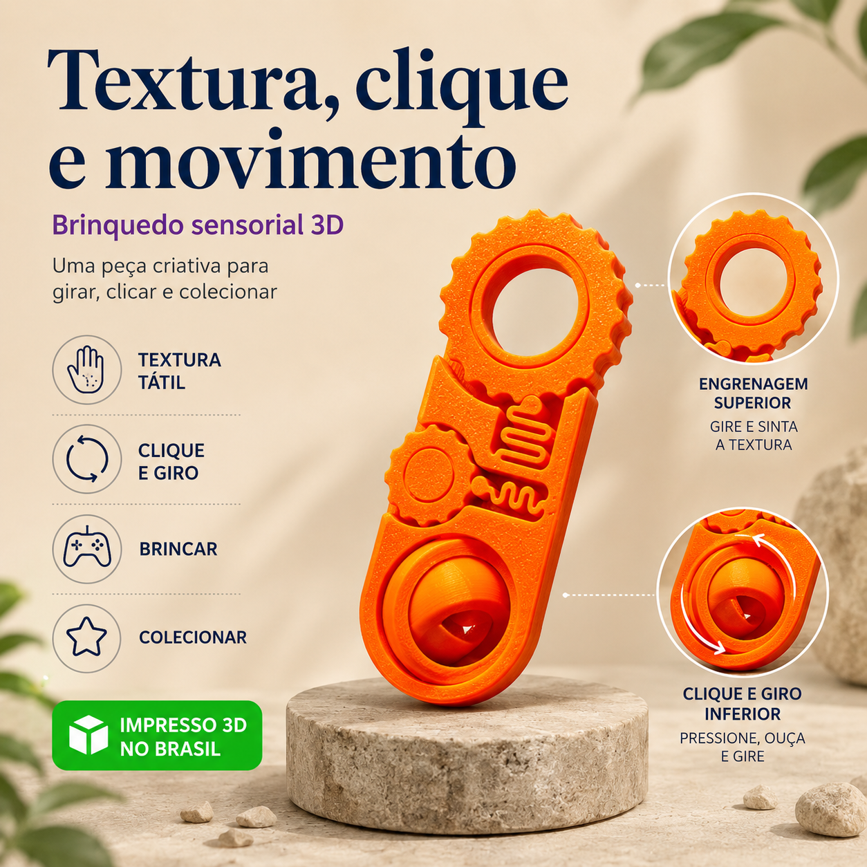 Brinquedo Sensorial 3 em 1 3D — Fidget Antiestresse Portátil para Girar, Clicar e Relaxar