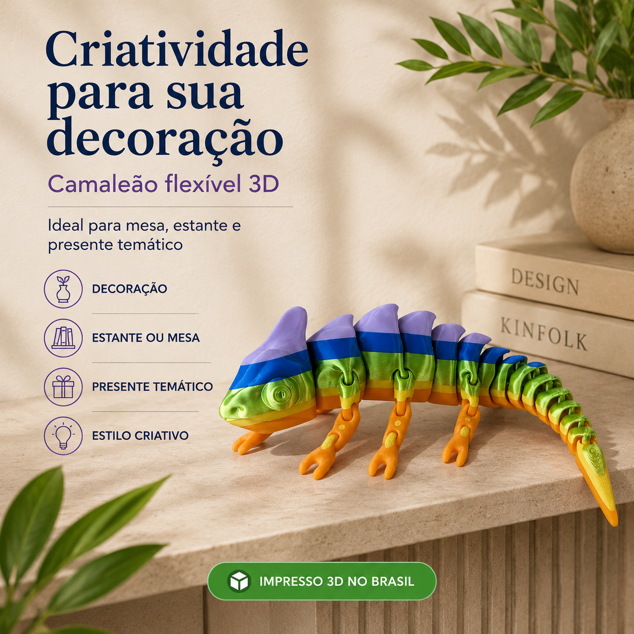 Camaleão Flexível Articulado 3D — Brinquedo Sensorial Colorido para Brincar, Decorar e Colecionar