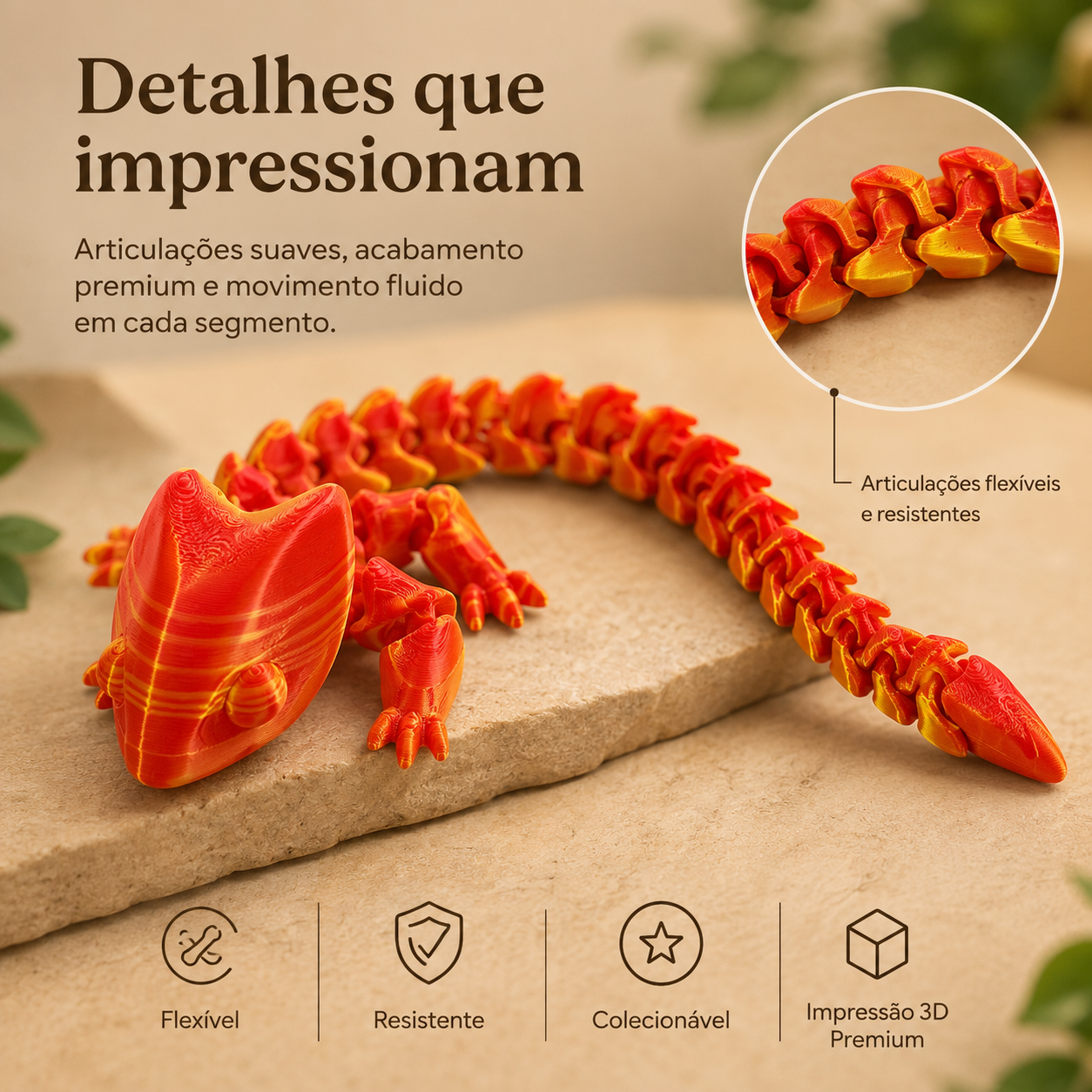 Camaleão de Cauda Imperial Calma 3D — Colecionável Articulado Flexível de 40 cm
