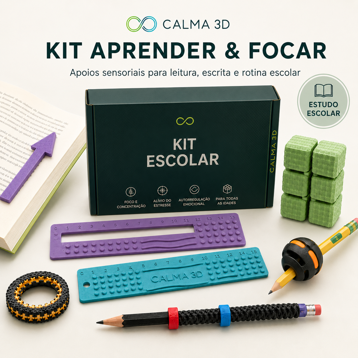 Kit Aprender & Focar 8 em 1 — Sensorial Escolar Calma 3D