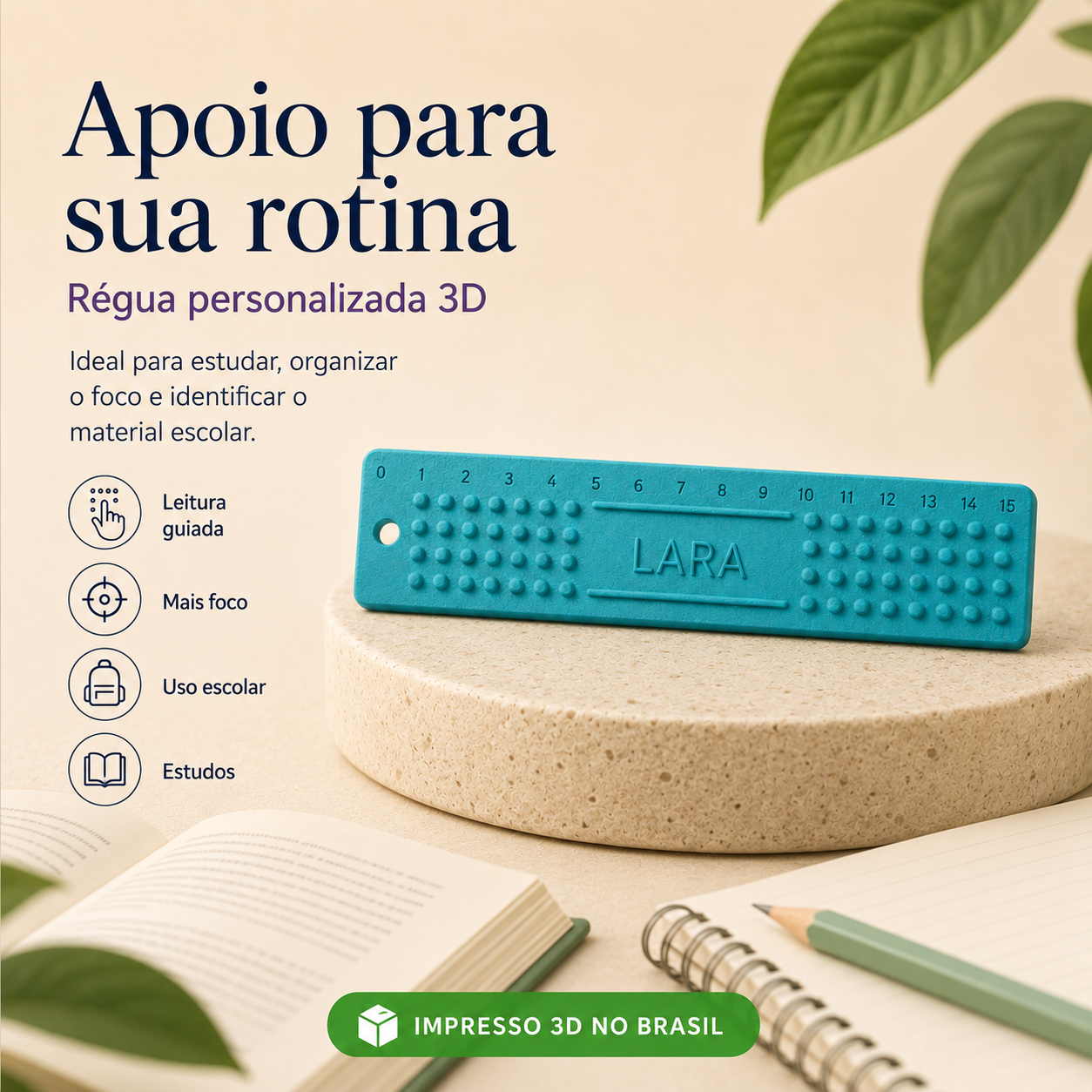 Régua Personalizada com Nome 3D — Apoio Tátil Escolar para Leitura, Foco e Identificação