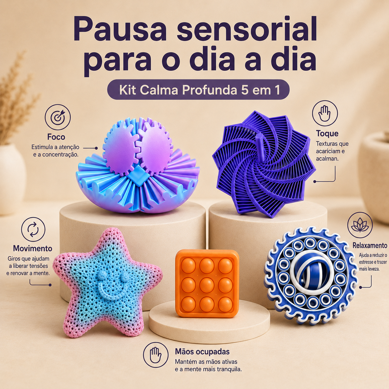 Kit Calma Profunda 5 em 1 | Objetos Sensoriais para Foco e Mãos Ocupadas