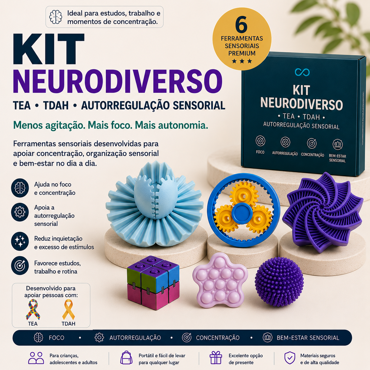 Kit Neurodiverso TEA + TDAH Calma 3D — 6 Ferramentas Sensoriais para Foco e Autorregulação