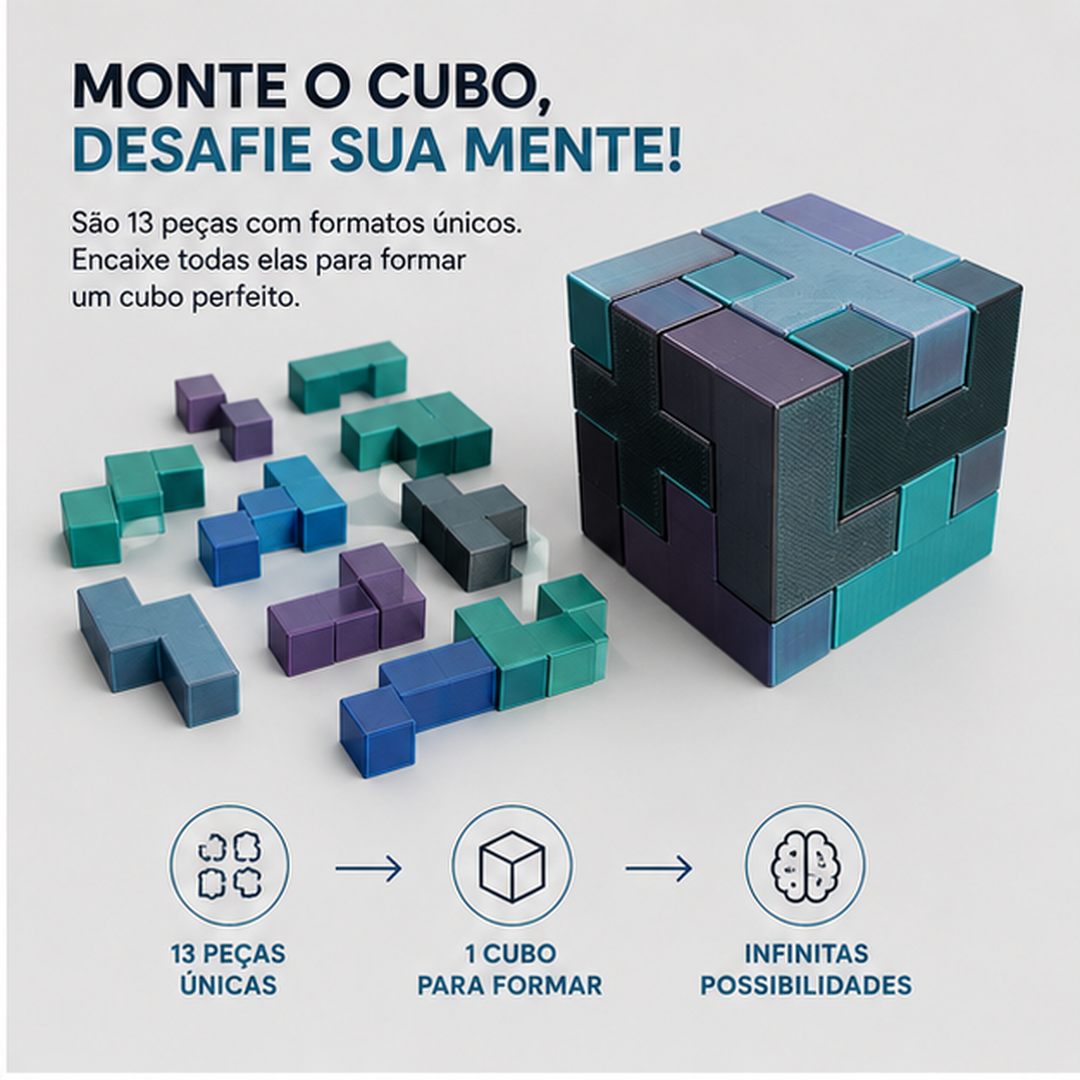 Quebra-Cabeça Cúbico Calma 3D — 13 Peças para Desafio, Foco e Diversão