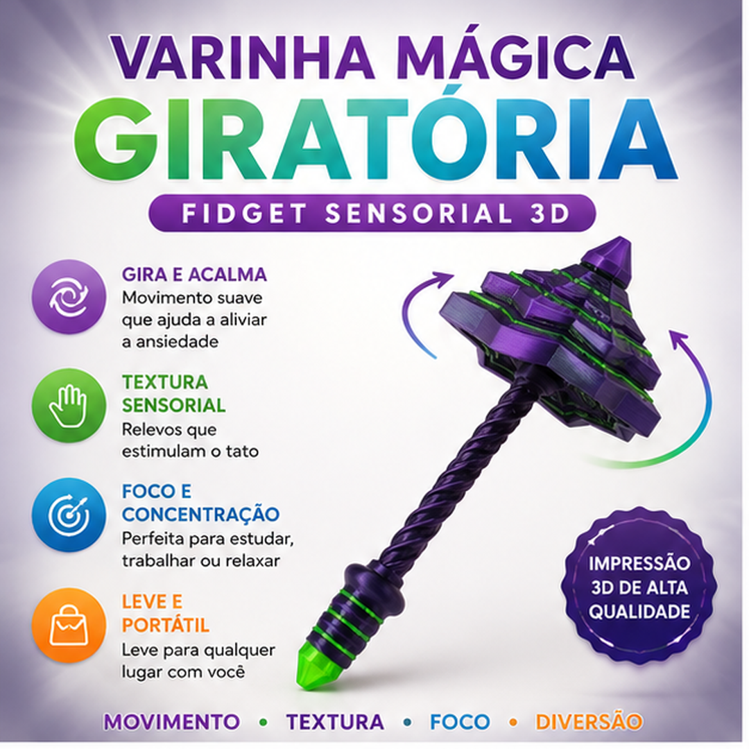 Varinha Mágica Giratória Calma 3D — Fidget Sensorial para Foco e Movimento